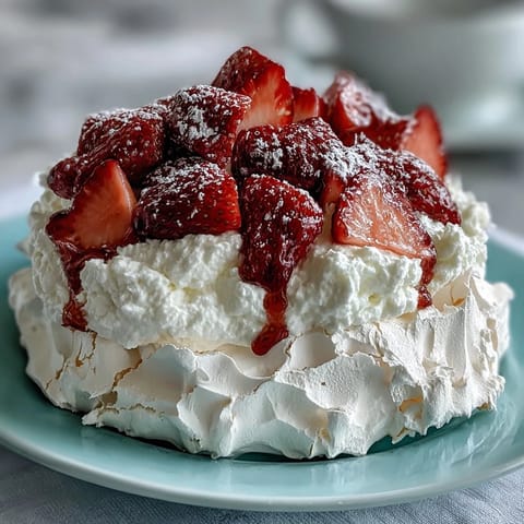 Delicate mini pavlovas topped with whipped cream and fresh strawberries, a light and elegant dessert.  