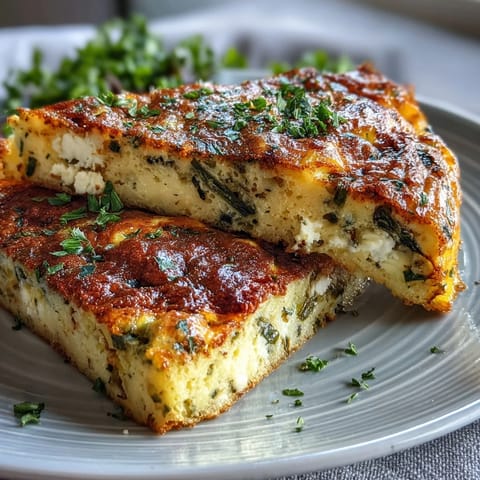 A golden spring brunch frittata with asparagus and goat cheese, baked to perfection and topped with fresh herbs.  