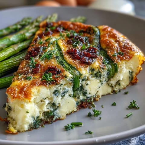 Fluffy egg frittata loaded with tender asparagus, creamy goat cheese, and sautéed red onion for a satisfying vegetarian meal.  