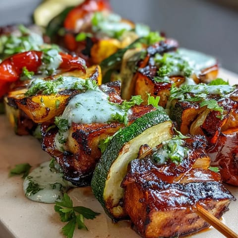 Vibrant summer grilled veggie skewers with chimichurri, featuring colorful peppers, zucchini, and mushrooms charred to smoky perfection.