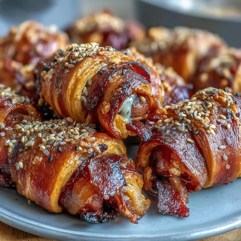 Crispy cocktail sausages encased in buttery crescent dough, paired with creamy Dijon honey sauce for the perfect game day appetizer.