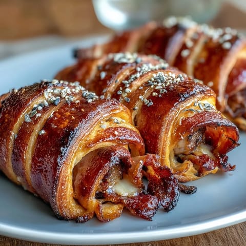 Golden mini pigs in a blanket wrapped in flaky pastry, served with tangy honey mustard dipping sauce on a rustic wooden board.