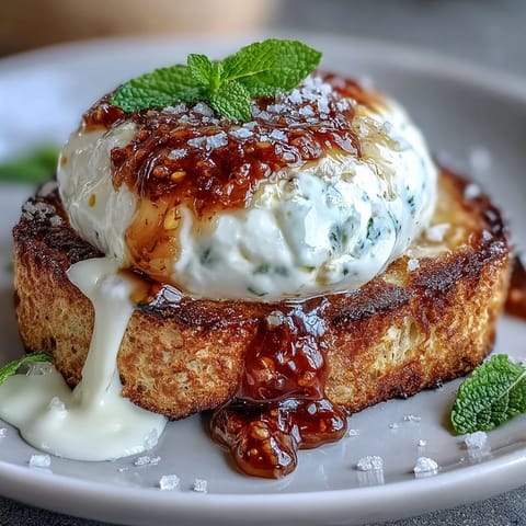 Honey peach burrata toast topped with juicy peaches, creamy cheese, and a honey drizzle for spring brunch.