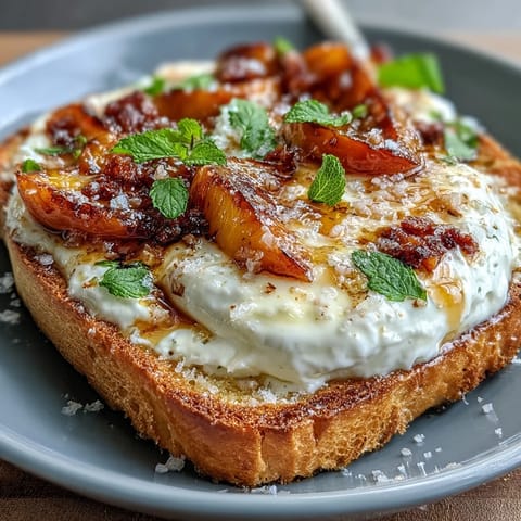 Creamy burrata and ripe peach slices on rustic sourdough toast, finished with honey and fresh basil for a vibrant spring dish.