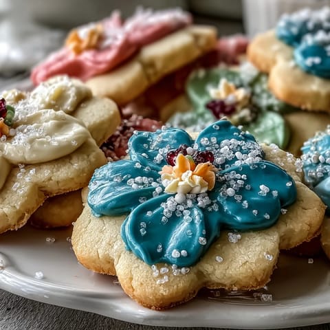 Delicate flower-shaped shortbread cookies with vibrant royal icing, perfect for a spring celebration or garden party.