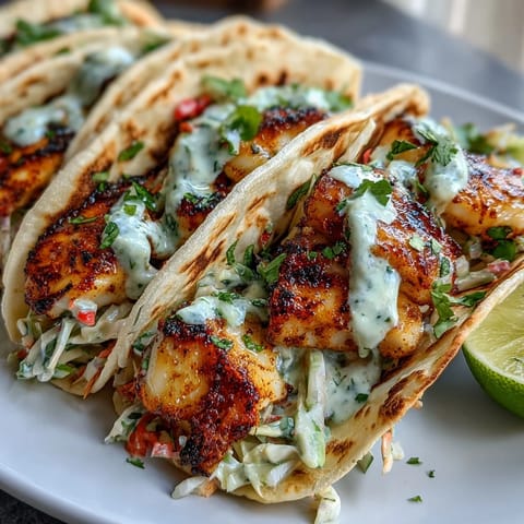 Fresh grilled fish tacos with coconut-lime marinade, topped with crunchy cabbage slaw and tangy crema in warm tortillas.
