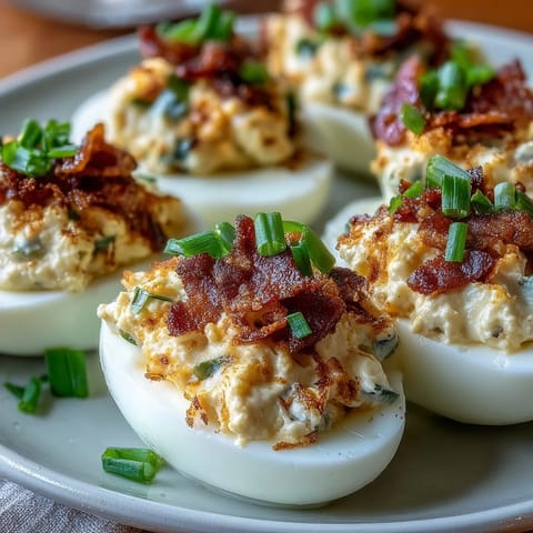 Spicy jalapeño popper deviled eggs with cream cheese, bacon, and cheddar for a creamy, bold appetizer.