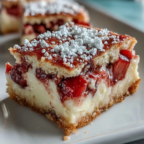 Buttery shortbread crust layered with tangy rhubarb and silky custard in these vibrant springtime dessert bars.