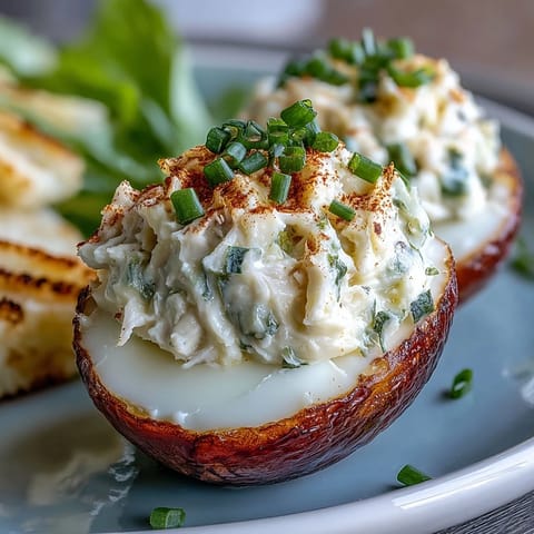 Deviled eggs stuffed with creamy crab cake filling, topped with zesty Old Bay seasoning for a flavorful appetizer.  