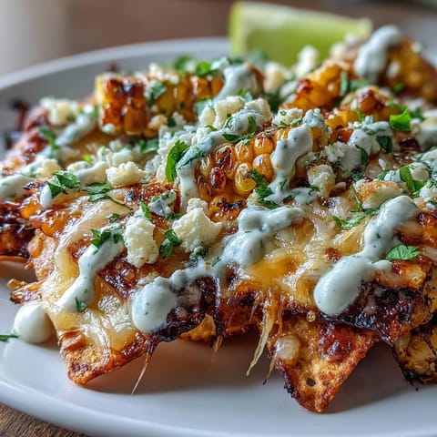 Cinco de Mayo Elote Nachos with Chipotle Crema, loaded with charred corn, melted cheeses, and smoky crema, perfect for parties.  