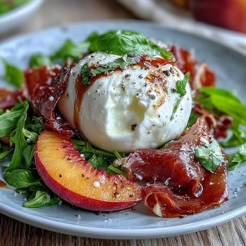 Creamy burrata and sweet peaches with salty prosciutto on a bed of fresh greens, drizzled with tangy balsamic glaze.