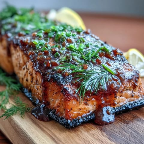 Juicy Cedar Plank Salmon with Maple Dijon Glaze, smoky and sweet.