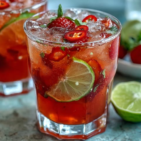 Refreshing strawberry chili limeade mocktail with vibrant fruits and spicy zest.