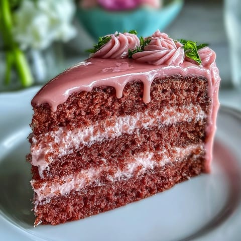 Exquisite Bridal Shower Rosé Velvet Cake, glistening with edible gold drip.