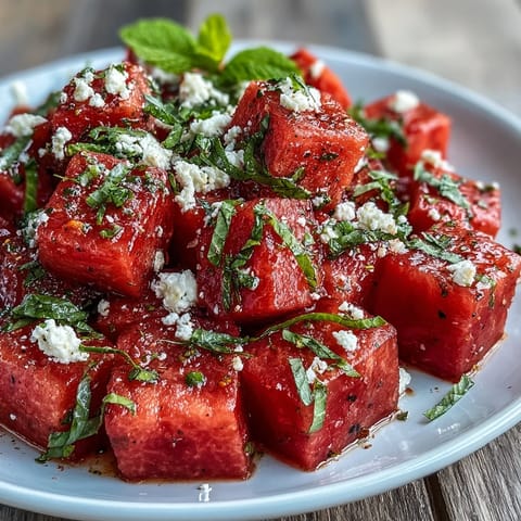 Juicy watermelon chili lime salad with mint, a vibrant, refreshing, and slightly spicy summer side dish.