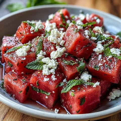 Close-up of chilled watermelon chili lime salad with mint, glistening with zesty lime dressing.