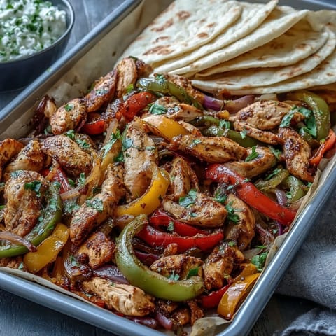 Sheet pan chicken fajitas with colorful bell peppers, sizzling hot and ready to serve.