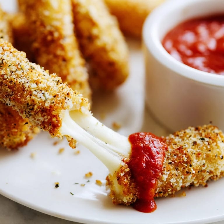 Freshly made mozzarella sticks, with a crunchy breading, ready to be enjoyed with a flavorful sauce.
