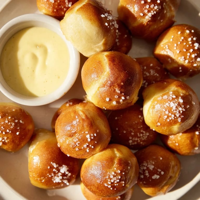 Freshly baked pretzel bites, with a cheese dip, promising a savory and delightful snack.