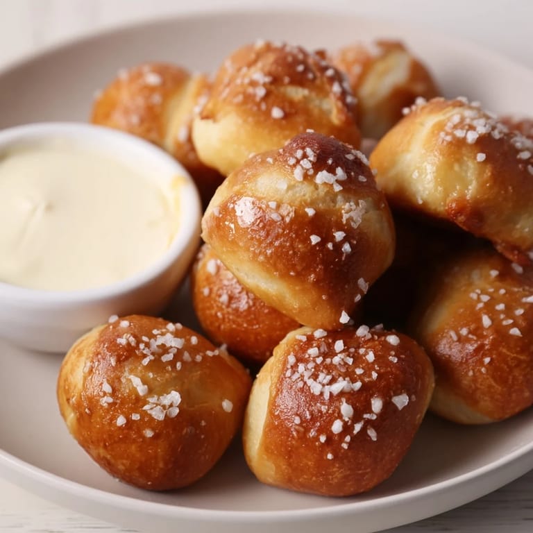 A close-up of soft pretzel bites, perfectly salted, and complemented by a creamy cheese dip.