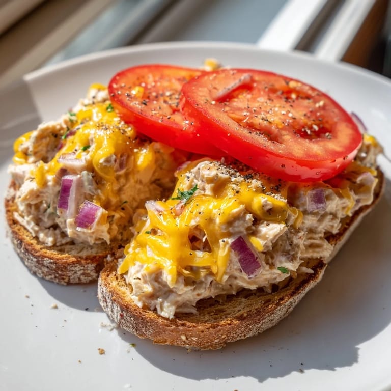 A close-up shot of a classic tuna melt reveals creamy tuna and melted cheese on toasted bread.