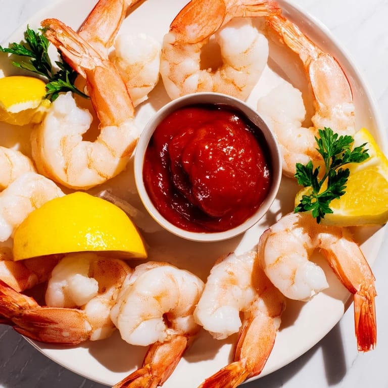 Elegant display of shrimp cocktail, a classic appetizer, ready to serve with a spicy, flavorful sauce.