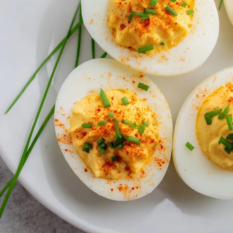 Perfectly halved deviled eggs, rich with a tangy filling, ideal for picnics or snacks in America.