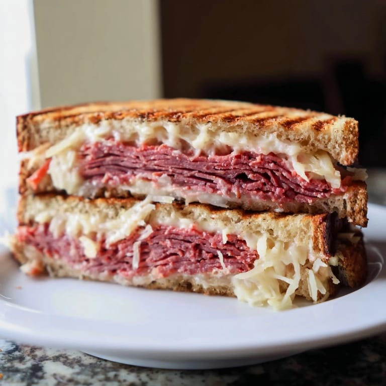 Golden-brown grilled Reuben sandwich, stacked high with corned beef and tangy sauerkraut.