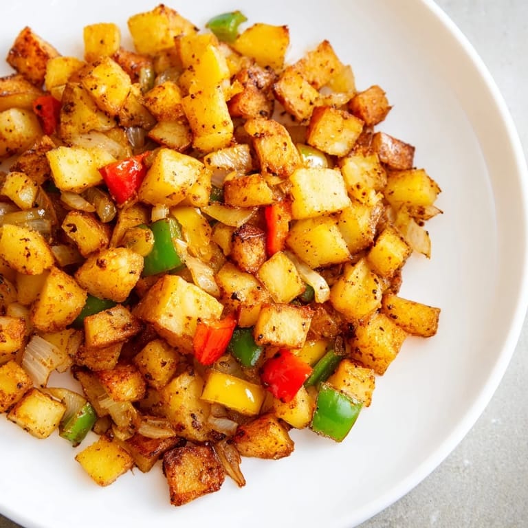 Close-up of hearty home fries, perfectly cooked with a hint of spice, appealing to the eye.