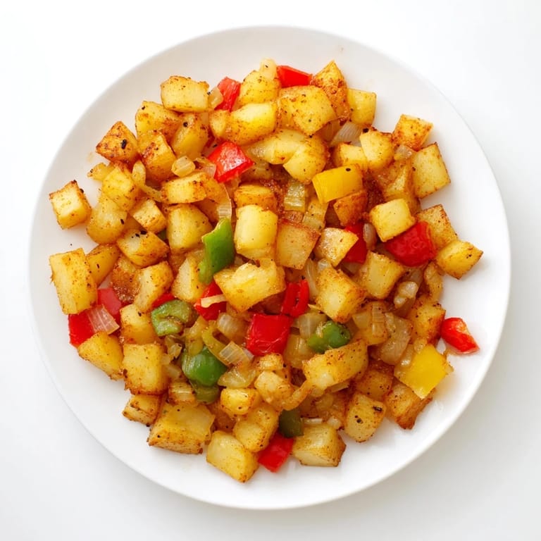 Sizzling skillet of home fries featuring a medley of colors, perfect alongside your morning eggs.