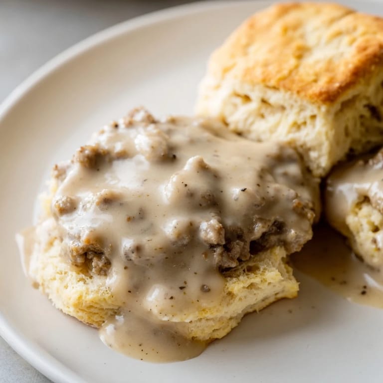 Perfectly baked biscuits and gravy, a comforting Southern breakfast with rich sausage gravy.