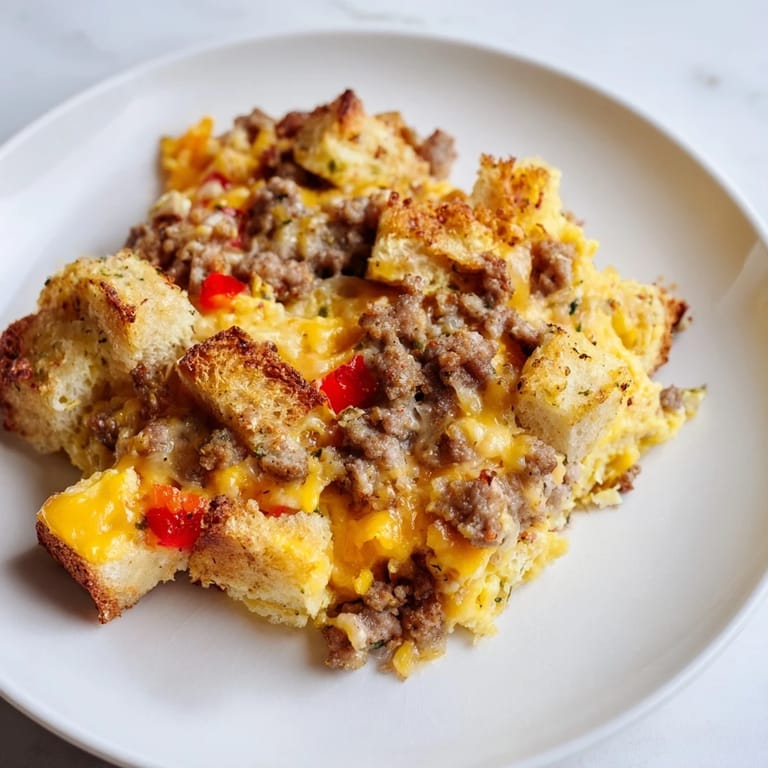 A close-up of a warm, comforting slice of Breakfast Sausage Casserole, showcasing fluffy eggs.