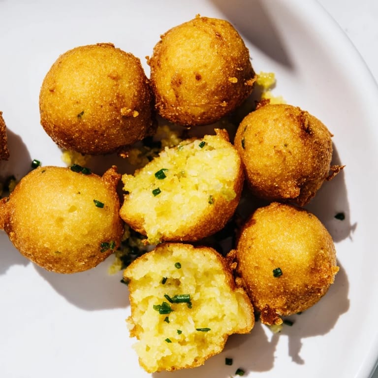 Close-up shot shows a stack of delicious hushpuppies beside a bowl of tartar sauce—perfect Southern comfort food.