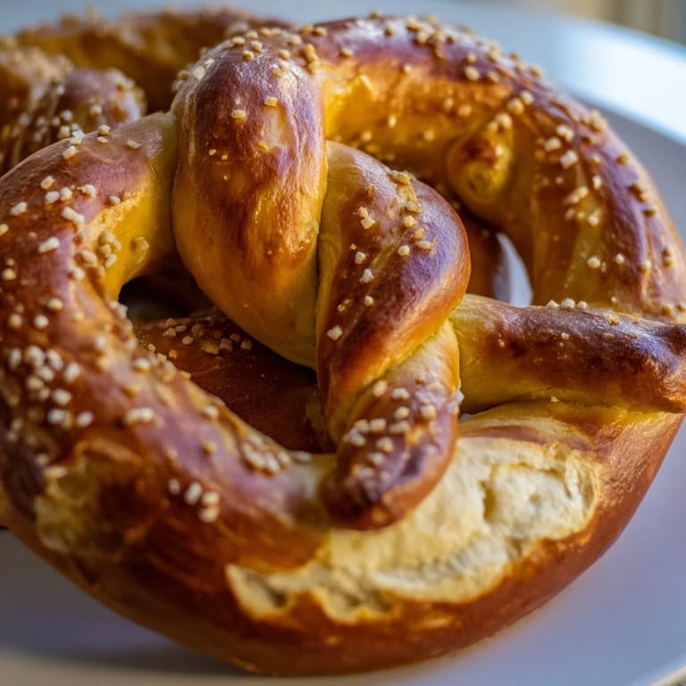 Close-up of freshly baked Soft Pretzels, showing a twisted shape with a golden crust and sprinkled salt.