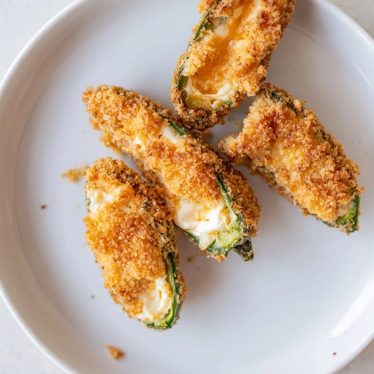 Close-up photo of perfectly fried jalapeño poppers, with melted cheese oozing from the center.