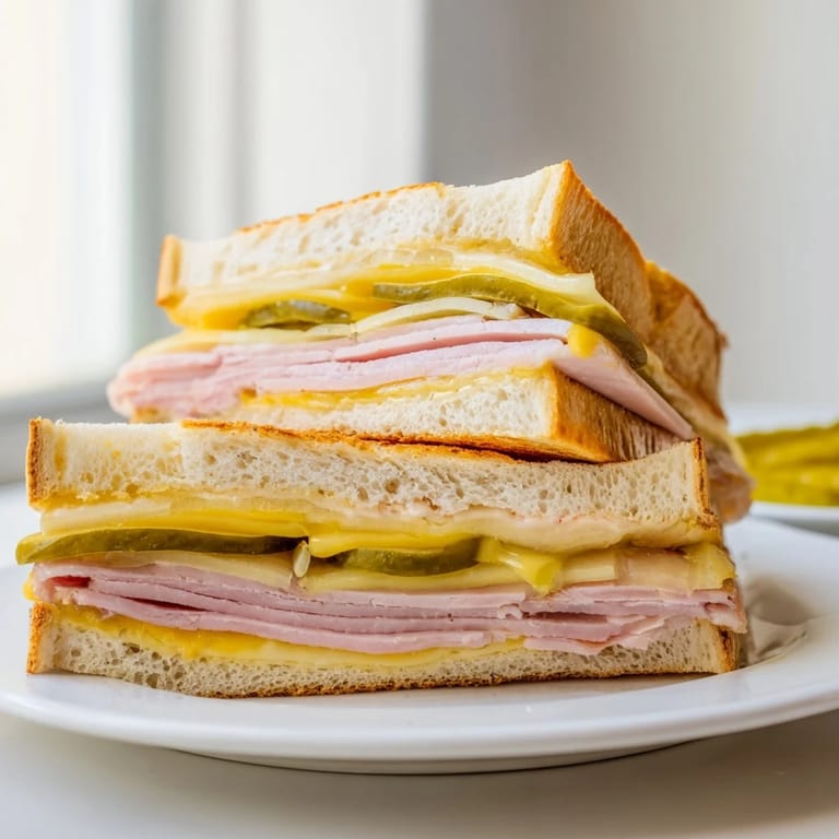 A toasted Cuban sandwich, showcasing layers of pork, ham, and pickles, offers a savory bite.