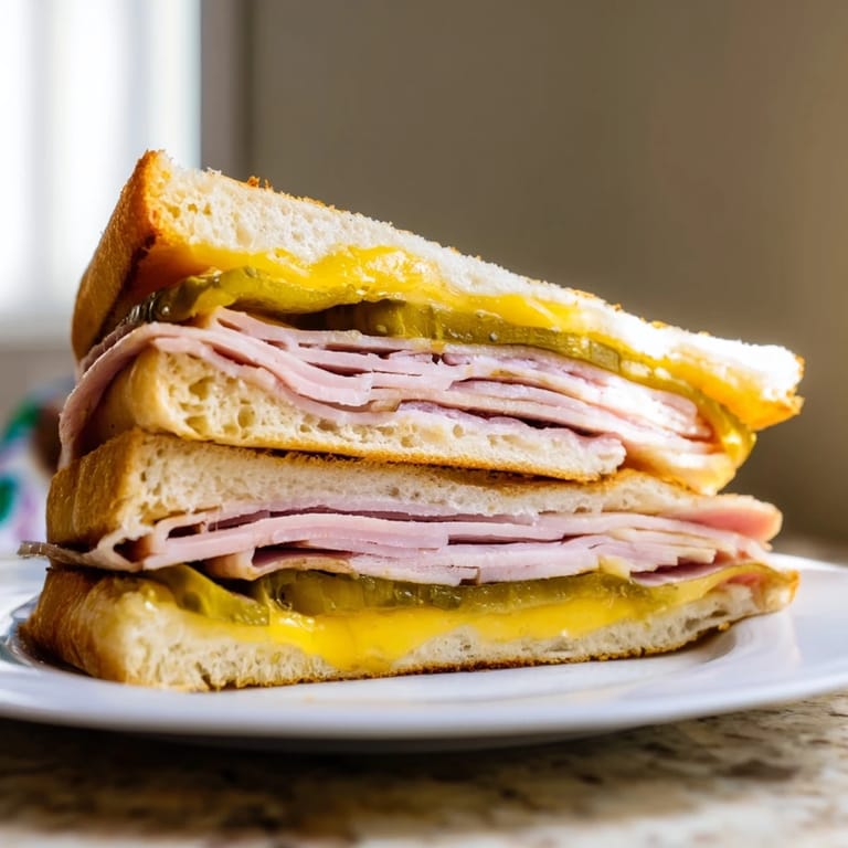 Close-up of a perfectly pressed Cuban sandwich, piled high with flavorful ingredients ready to eat.