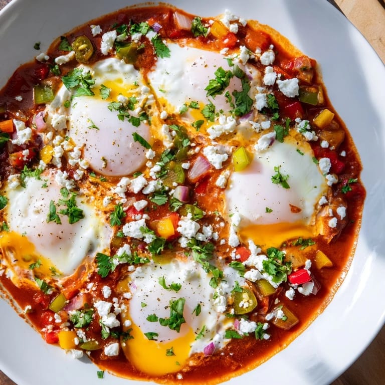 Savory Shakshuka: a skillet of bubbling eggs and peppers, ready for dipping with bread.