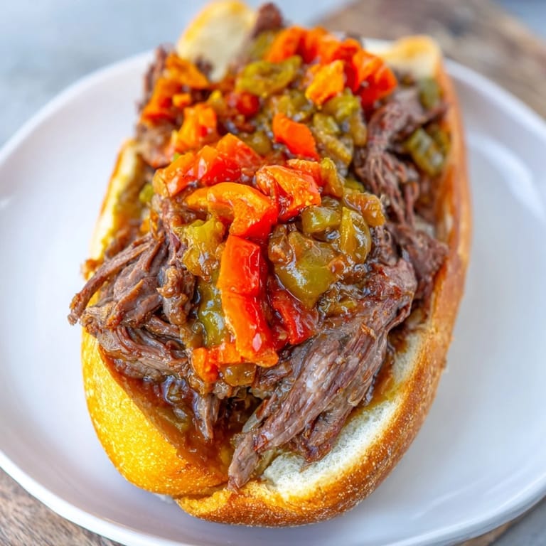 Close-up of a delicious Italian Beef Sandwich, the perfect combination of textures and tasty flavors.