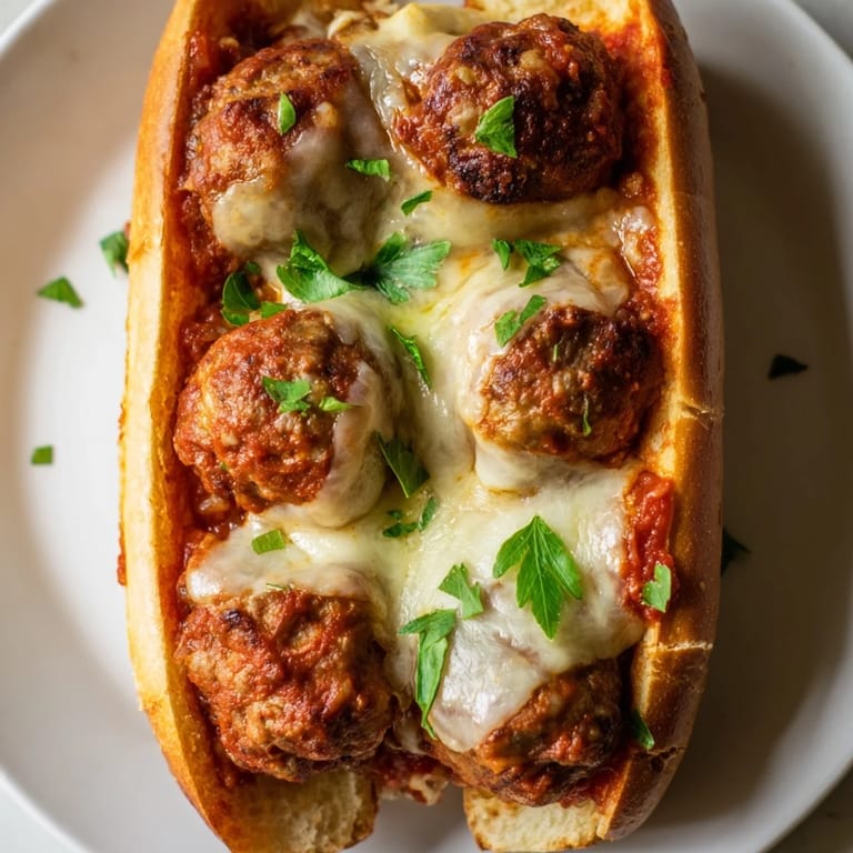 Warm and delicious Meatball Subs ready to eat, served with a garnish of fresh herbs.