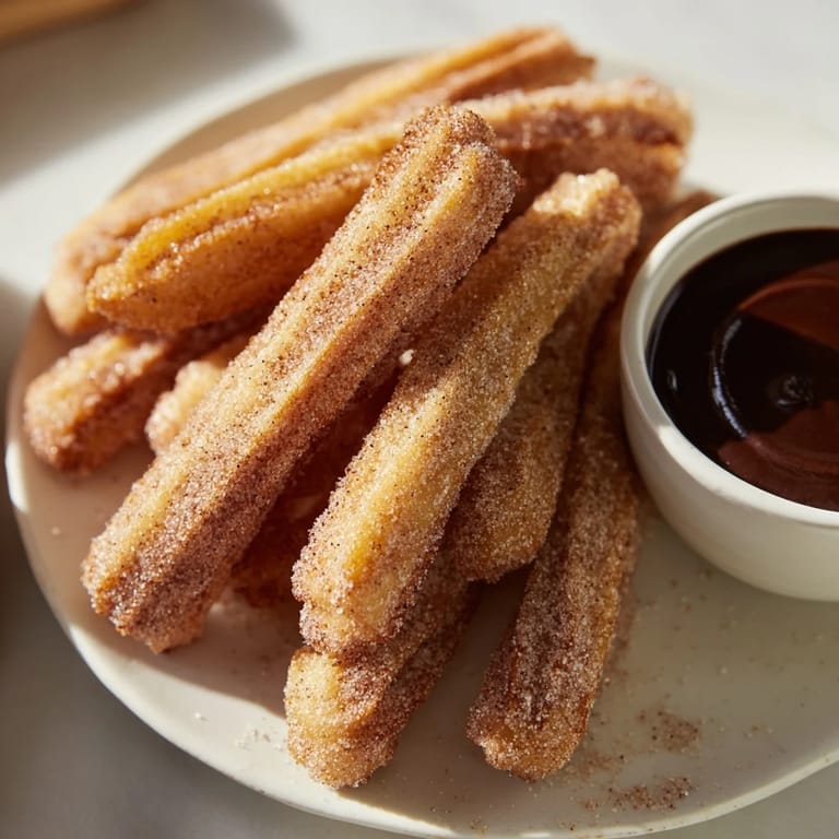 Indulgent close-up of warm churros with perfect ridges, alongside a rich chocolate dipping pot.