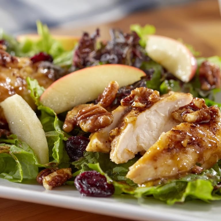 A rustic platter of autumn-inspired Caramel Apple Chicken Salad featuring mixed greens, feta crumbles, and candied pecans.