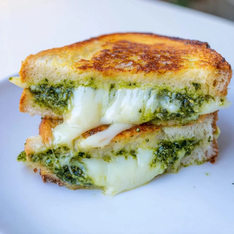 Close-up of a spinach pesto grilled cheese slice, revealing bright green pesto spread and stretchy cheese between buttery sourdough slices.
