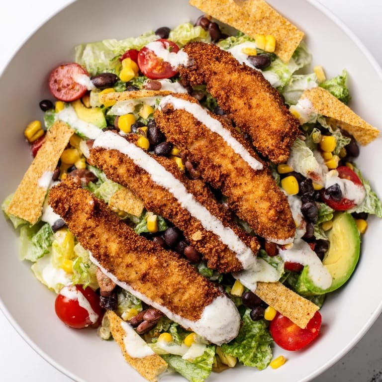 Lunchtime Crispy Chicken Taco Salad piled with corn, cherry tomatoes, and melted cheddar cheese.