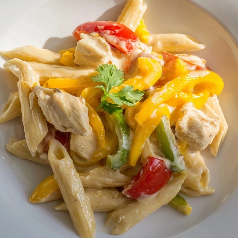 In a rustic skillet, Chicken Fajita Pasta is garnished with fresh cilantro and served with bright lime wedges for squeezing.