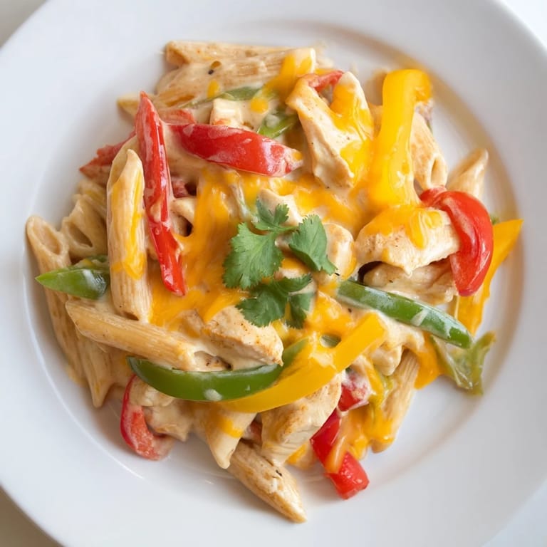 Close-up on a serving of Chicken Fajita Pasta, showing melted cheese, charred peppers, and rotini pasta coated in rich seasoning.
