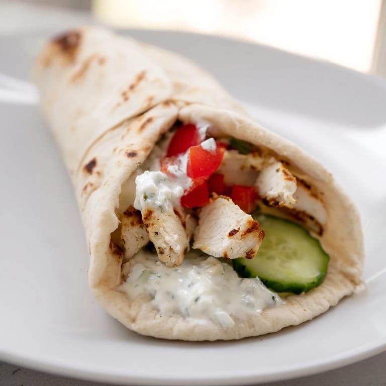 Hold a warm Greek Chicken Wrap stuffed with tender chicken, cool tzatziki, and crunchy veggies for a satisfying lunch.