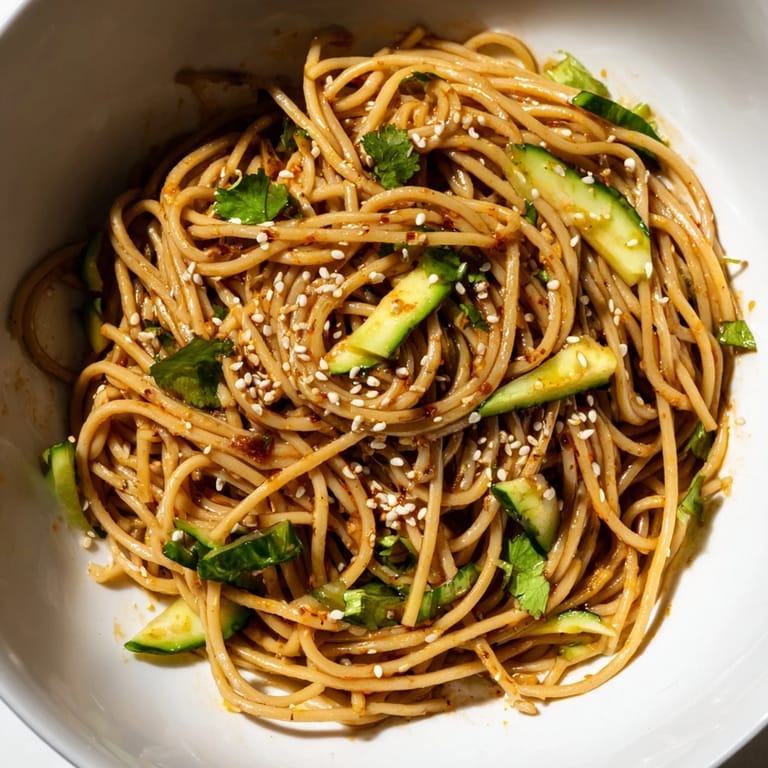 Close-up of Spicy Sesame Noodle Salad showing glossy noodles coated in sesame-chili oil, julienned cucumbers, and fresh herbs on a rustic wooden table.