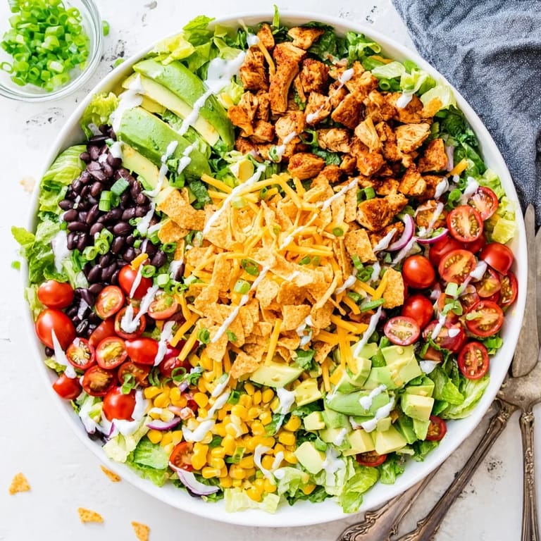 Hearty Crunchy Taco Chicken Salad bowl featuring black beans, corn, and avocado, drizzled with a creamy lime-cumin dressing.  