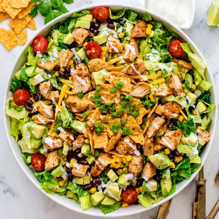 Serving suggestion for Crunchy Taco Chicken Salad: a Tex-Mex meal with vibrant tomatoes, green onions, and crunchy shell toppings.